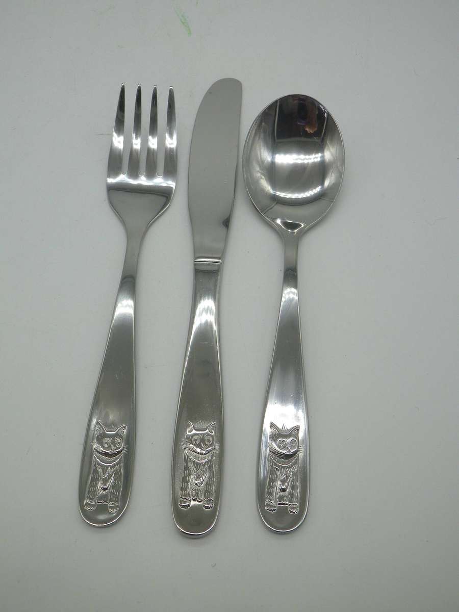CUTE KIDDIES KITTY First Cutlery set. Knife, fork & spoon. EETRITE Stainless Steel