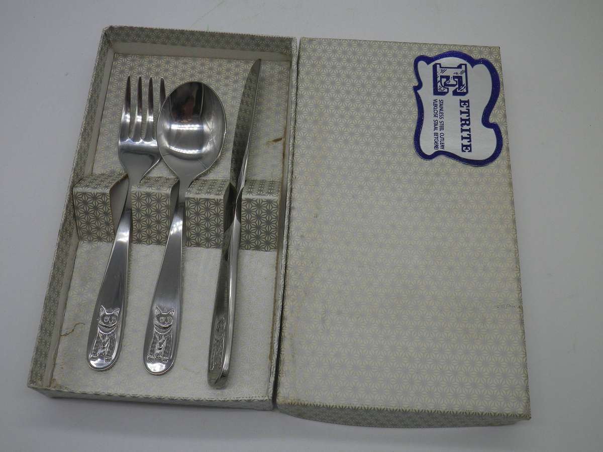 CUTE KIDDIES KITTY First Cutlery set. Knife, fork & spoon. EETRITE Stainless Steel