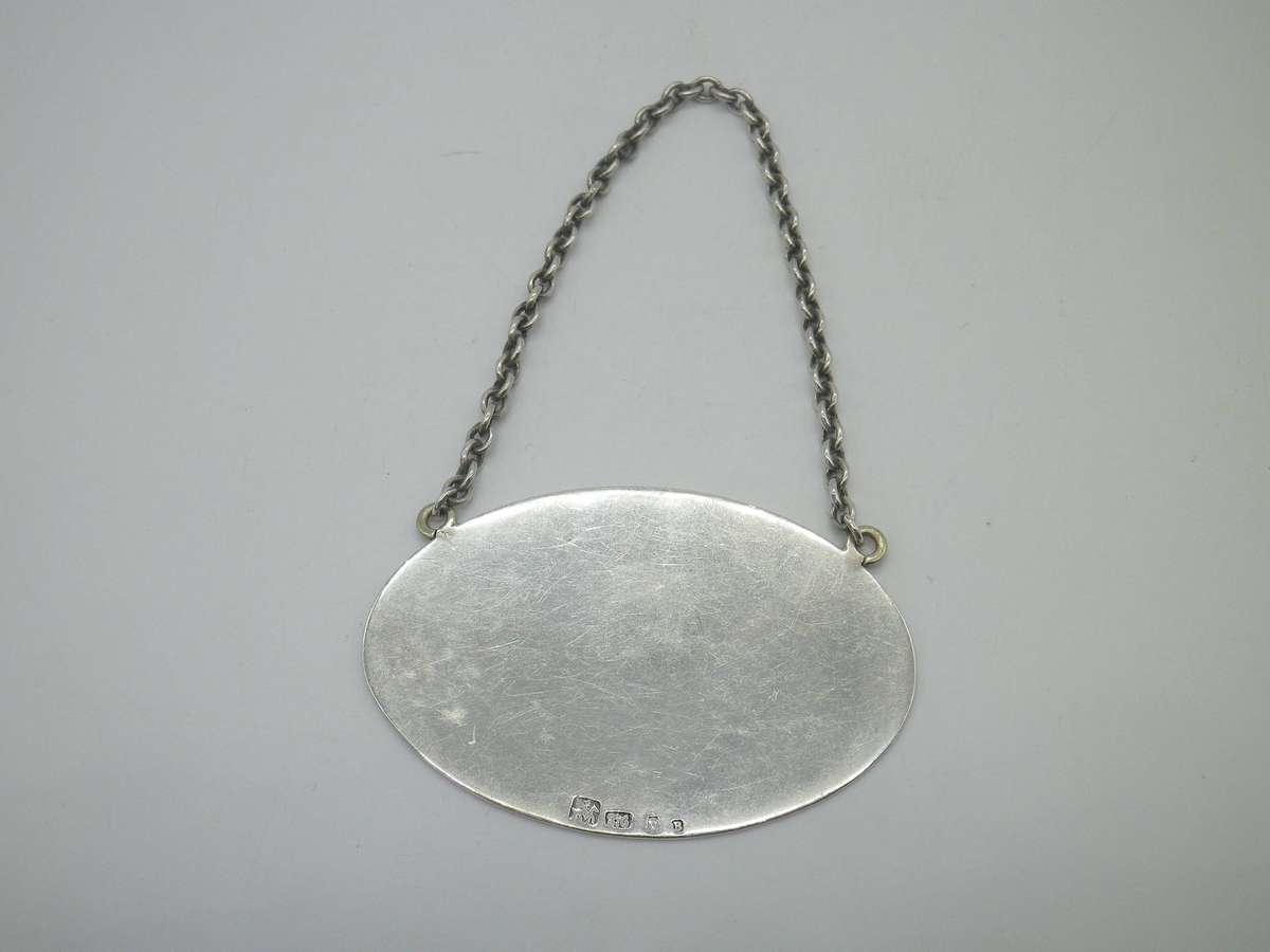 Hallmarked SOUTH AFRICAN! Sterling Silver Large Oval Whisky Decanter label. 19.15grms. 6cm x 4cm