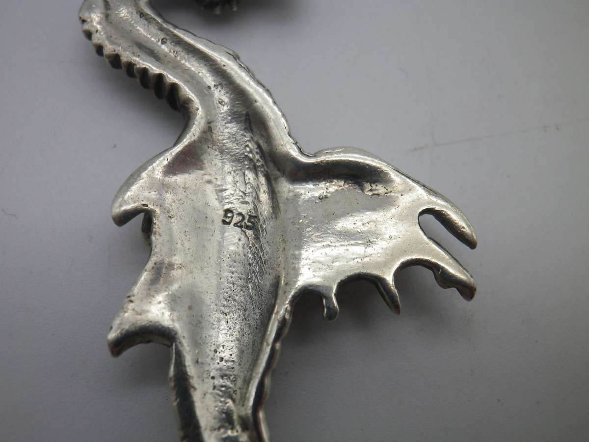 Vintage STERLING SILVER Spectacular Large Horned DRAGON pendant. 16g 7x2.5cm