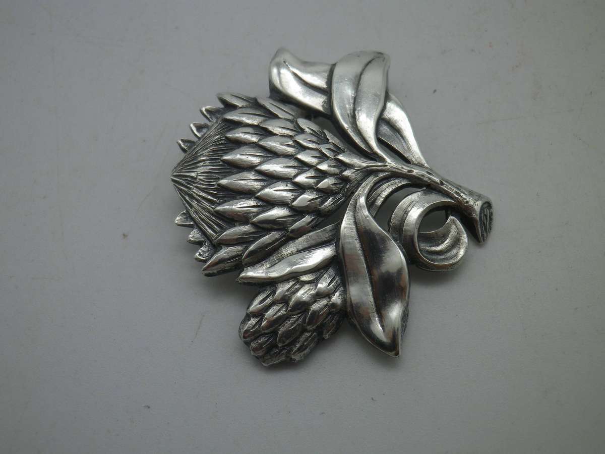 Vintage Sterling Silver Protea Brooch by SA Designer Carina. 4x3.5cm. 6.71g