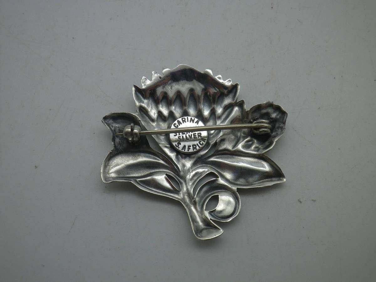 Vintage Sterling Silver Protea Brooch by SA Designer Carina. 4x3.5cm. 6.71g