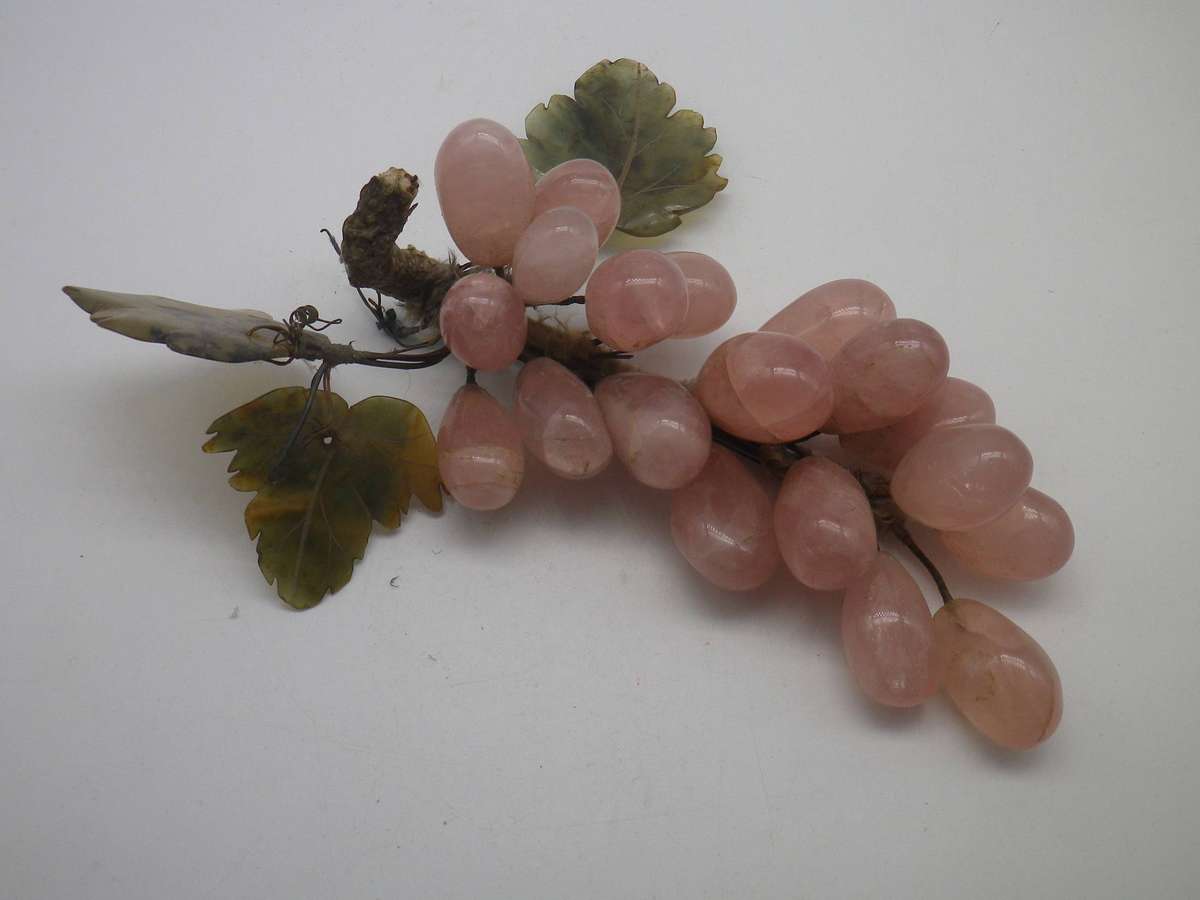 Rose Quartz bunch of grapes, with Green stone leaves.