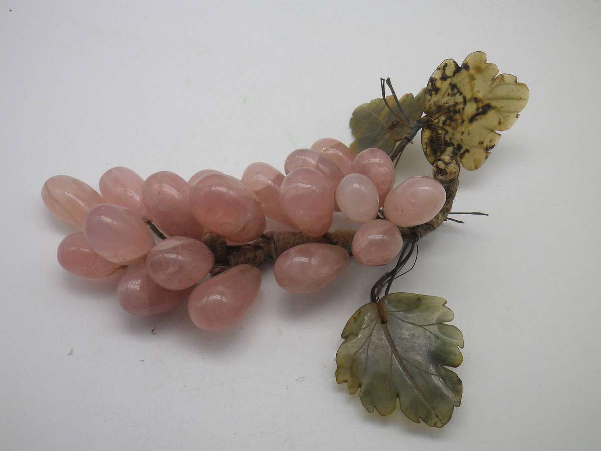 Rose Quartz bunch of grapes, with Green stone leaves.