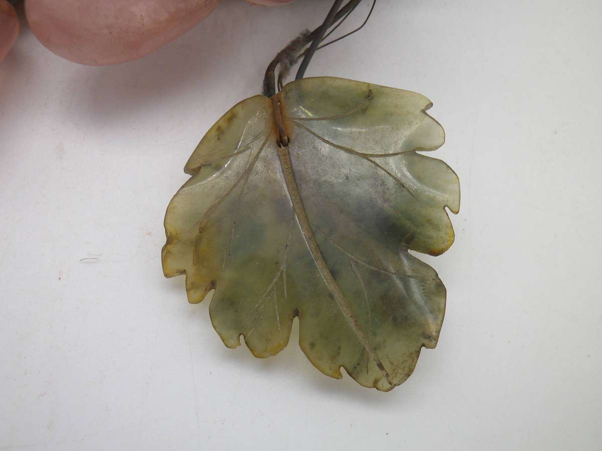 Rose Quartz bunch of grapes, with Green stone leaves.