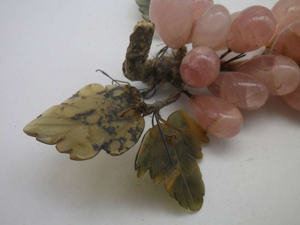Rose Quartz bunch of grapes, with Green stone leaves.