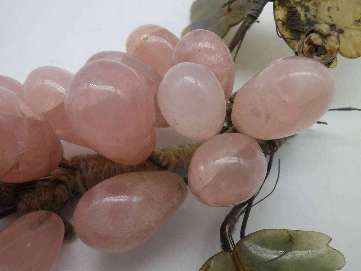 Rose Quartz bunch of grapes, with Green stone leaves.