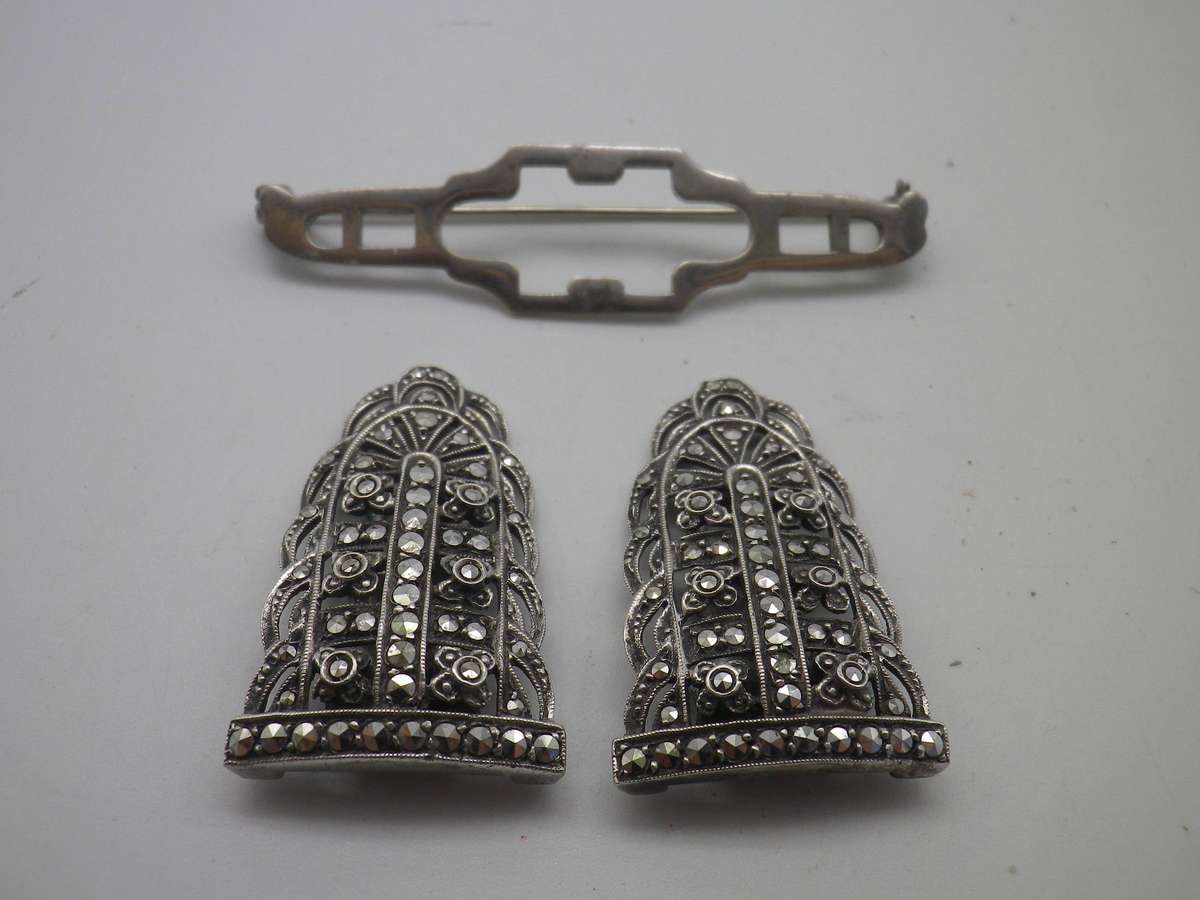 ART DECO c1930s Marcasite Duet Brooch and Dress clip. 4 x 2cm