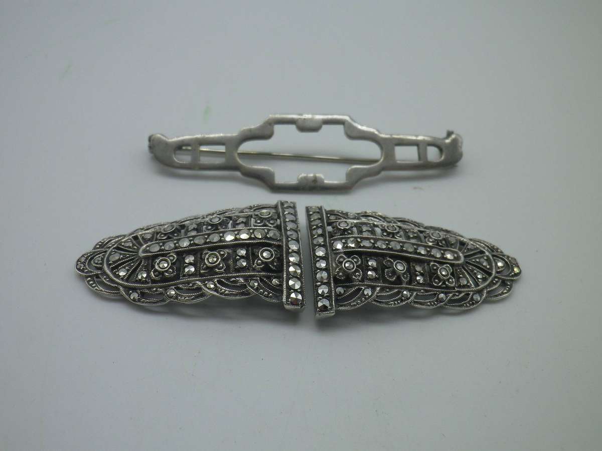 ART DECO c1930s Marcasite Duet Brooch and Dress clip. 4 x 2cm