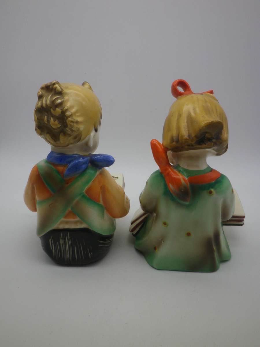 Pair Porcelain Vintage BOOKENDS - little boy & girl reading. Japan Hummel Reproduction 15x12x10cm