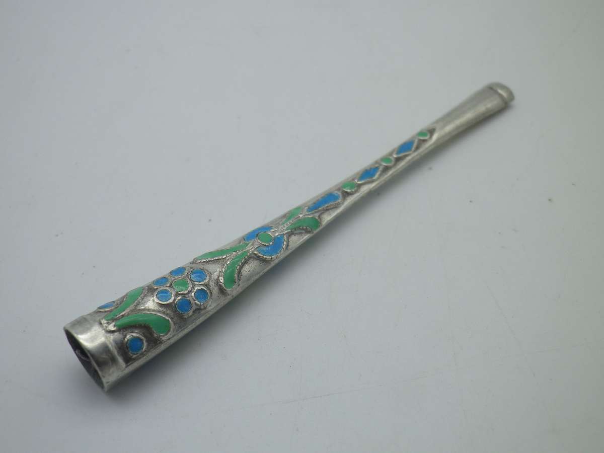 Vintage Chinese Sterling Silver & Enamel Cigarette Holder.