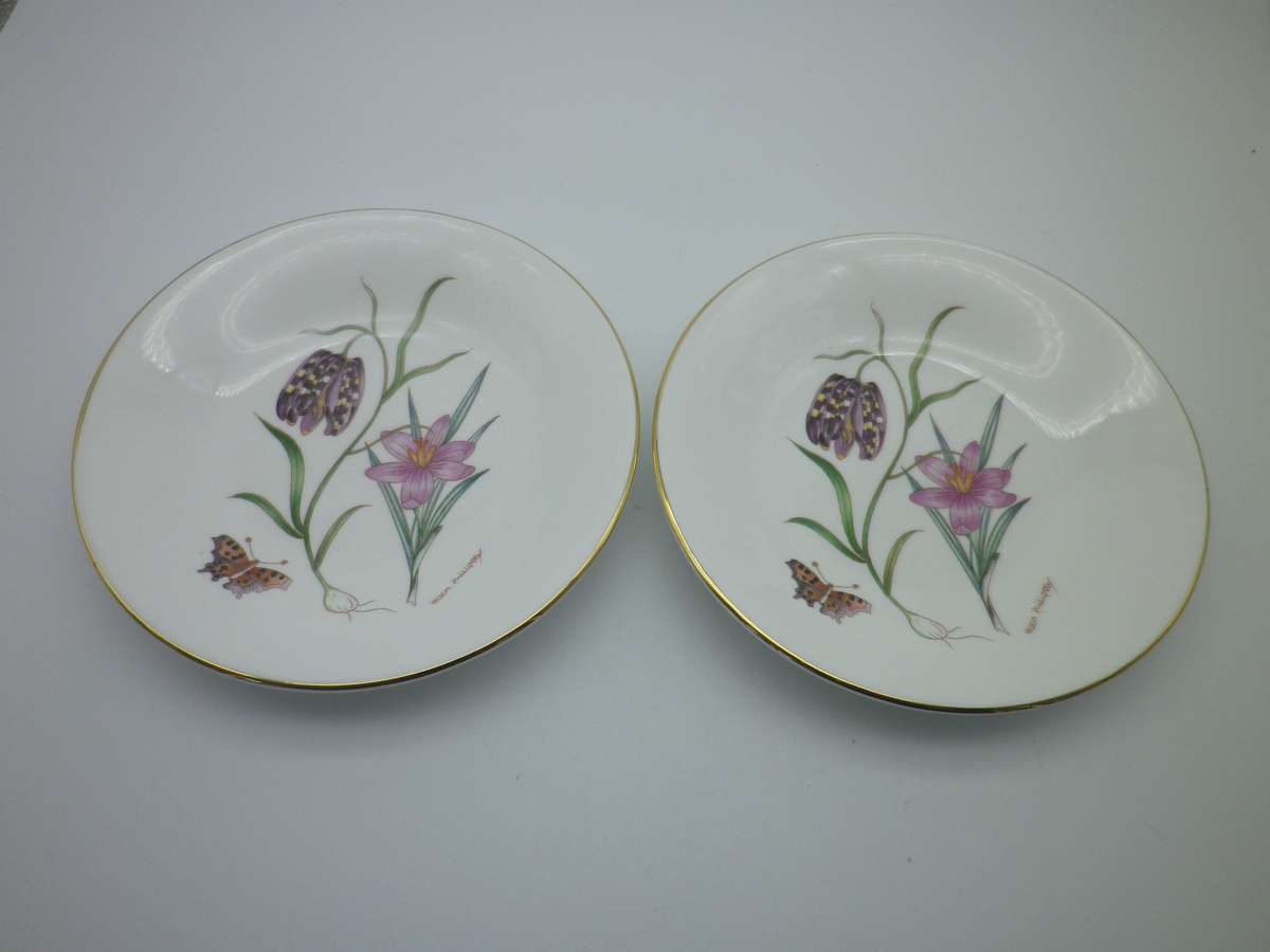 Butterflies & Flowers! Beautiful Pair round fine bone china pin dishes. Royal Kendal, England 12.5cm