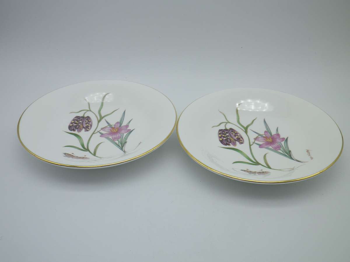 Butterflies & Flowers! Beautiful Pair round fine bone china pin dishes. Royal Kendal, England 12.5cm