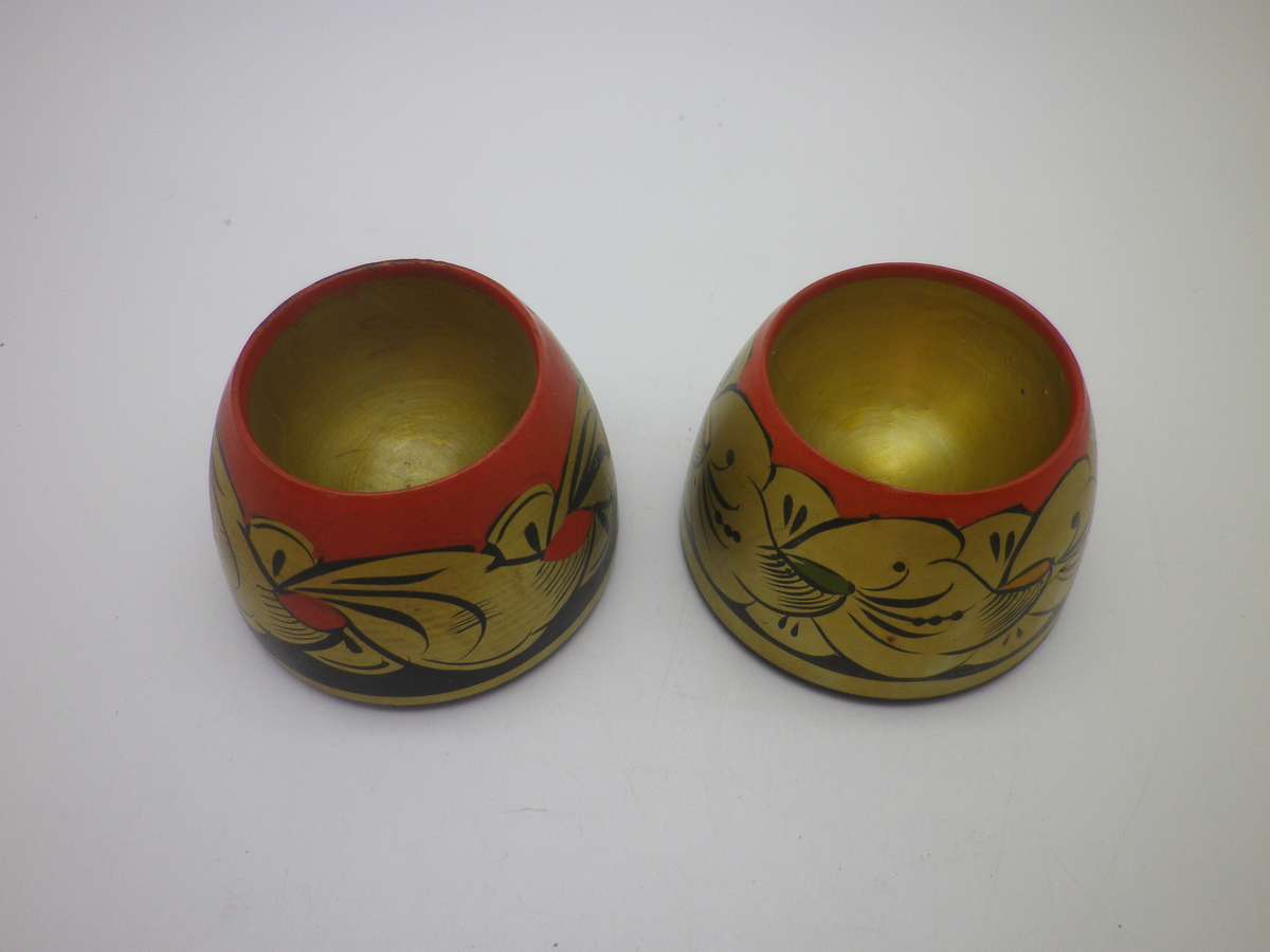 Pair Vintage Russian Khokhloma Hand painted Wooden Egg Cups. Soviet USSR