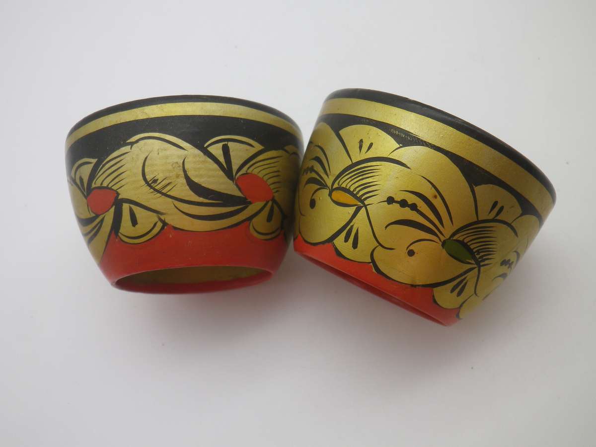 Pair Vintage Russian Khokhloma Hand painted Wooden Egg Cups. Soviet USSR