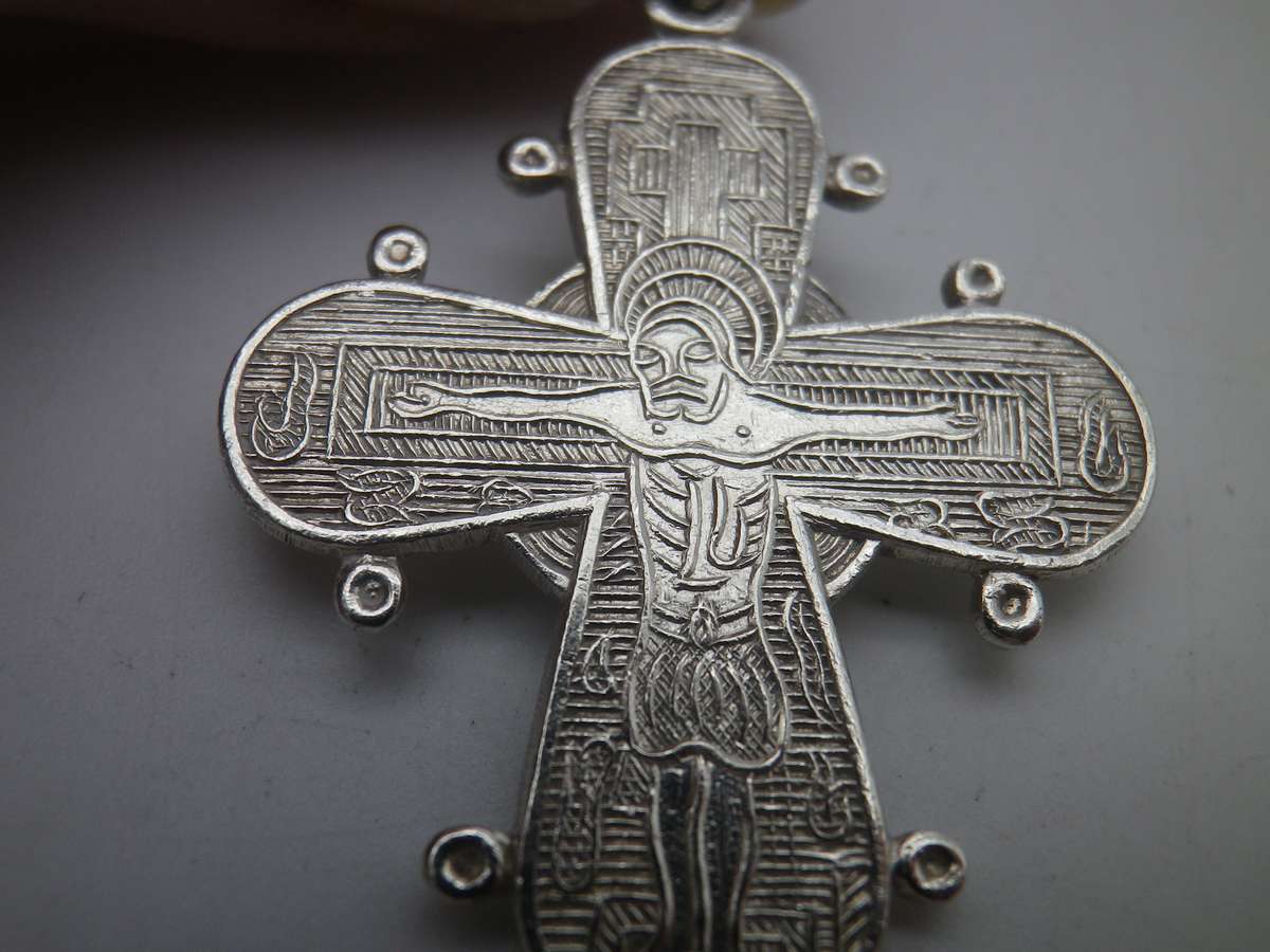 Unusual Silver 880 purity Ornate Orthodox Christian Crucifix Pendant. Russian?