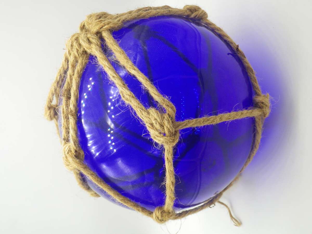 Vintage Japanese Hand blown Blue Glass Ship Buoy with rope