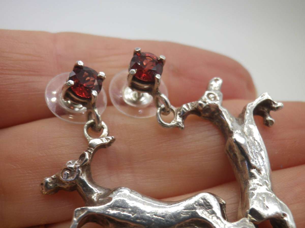 Vintage Sterling Silver & Garnet SPRINGBOK Earrings. 3.5cm