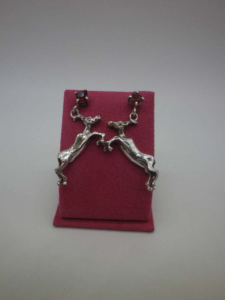 Vintage Sterling Silver & Garnet SPRINGBOK Earrings. 3.5cm
