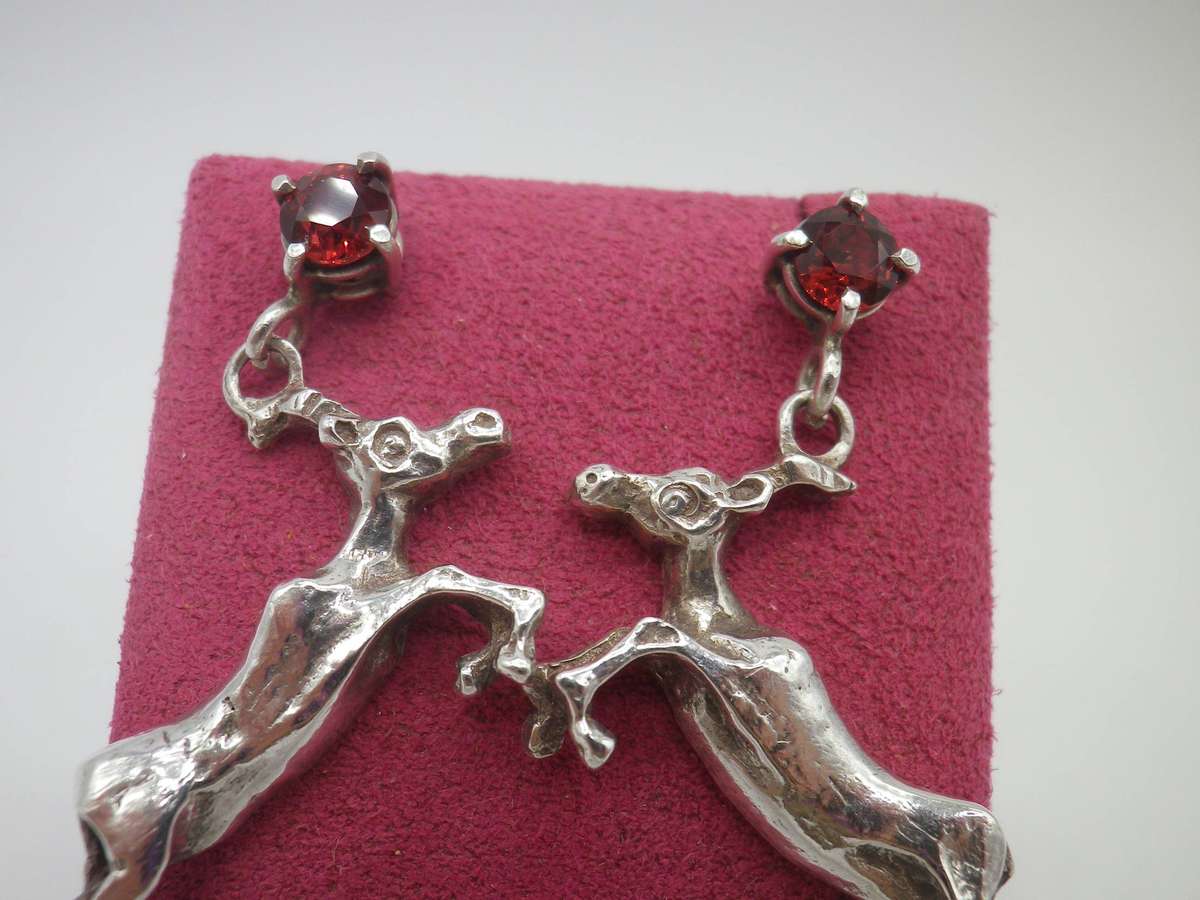 Vintage Sterling Silver & Garnet SPRINGBOK Earrings. 3.5cm