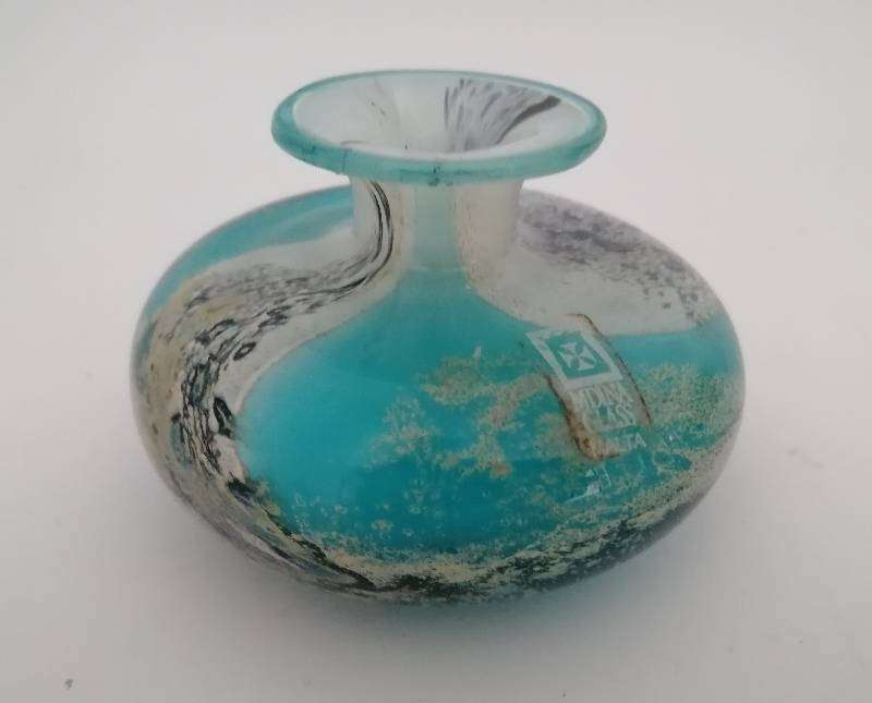 Iridescent Aqua MDINA (Malta) small glass vase. 8cm x 5.5cm high. Signed. Original Label