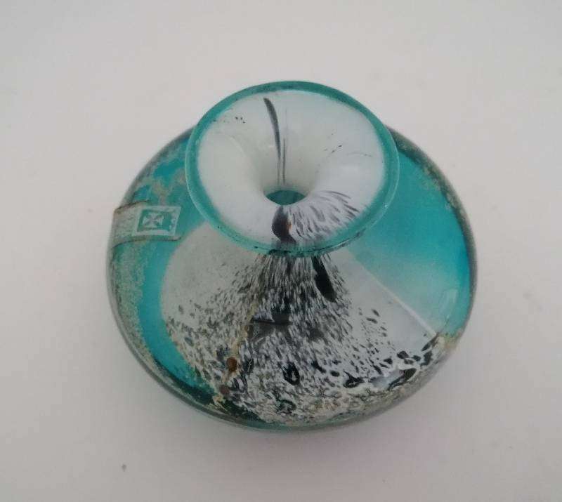 Iridescent Aqua MDINA (Malta) small glass vase. 8cm x 5.5cm high. Signed. Original Label