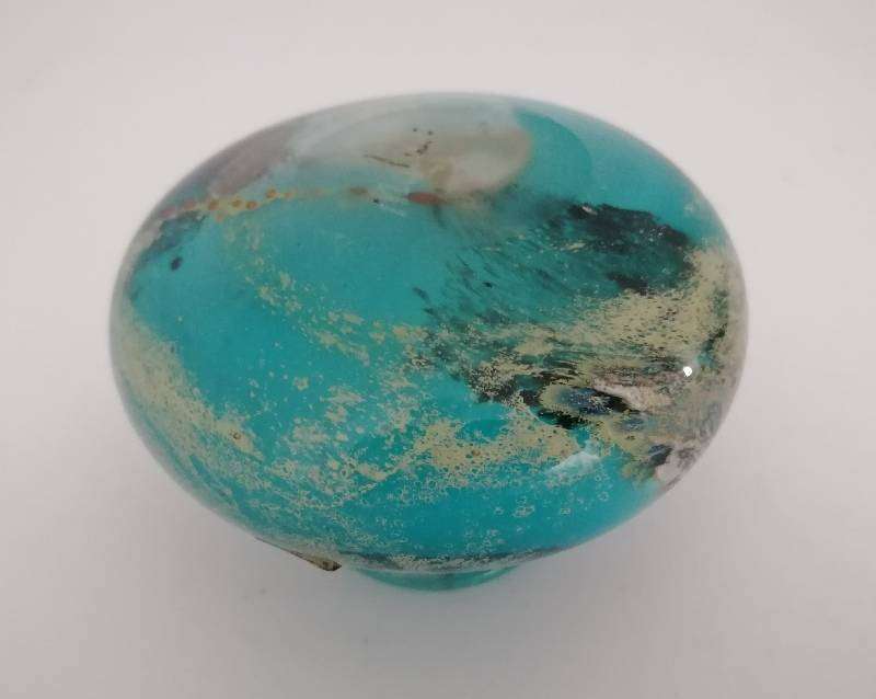 Iridescent Aqua MDINA (Malta) small glass vase. 8cm x 5.5cm high. Signed. Original Label