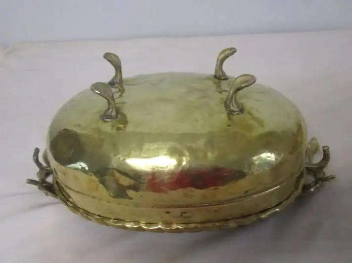 Vintage  brass Hammered Footed oval fruit bowl or dish. Ornate roses handles. 30 x 18 x 13cm