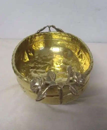 Vintage  brass Hammered Footed oval fruit bowl or dish. Ornate roses handles. 30 x 18 x 13cm