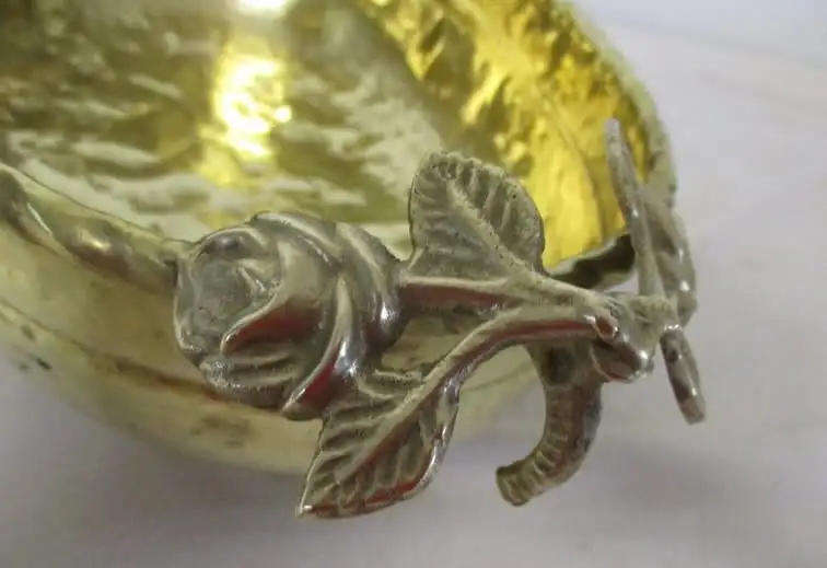 Vintage  brass Hammered Footed oval fruit bowl or dish. Ornate roses handles. 30 x 18 x 13cm