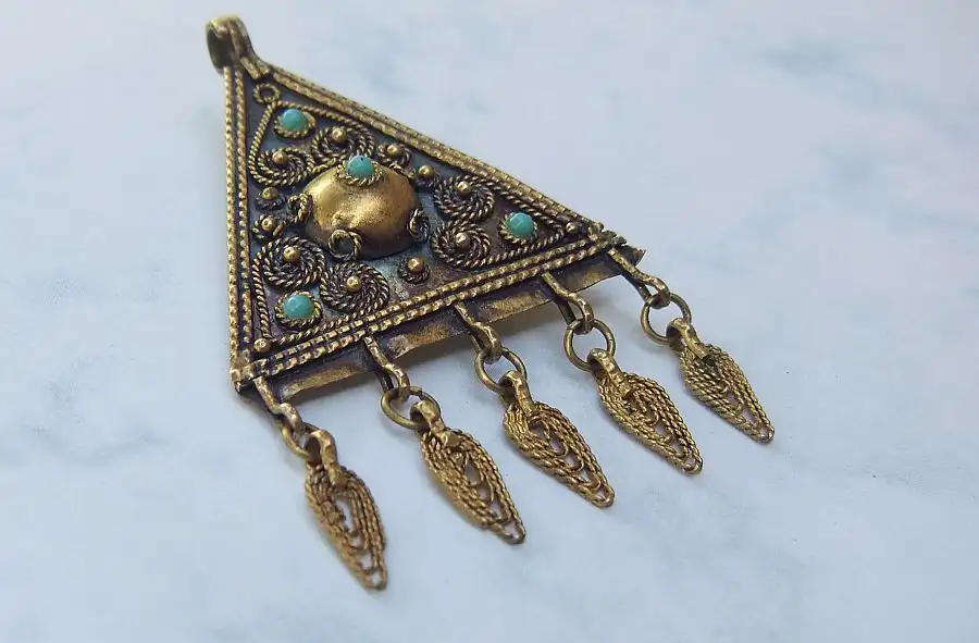 Unusual Gold plated 800 silver brooch with blue beads.  6.7 x 4.4 cm  9.2 grams