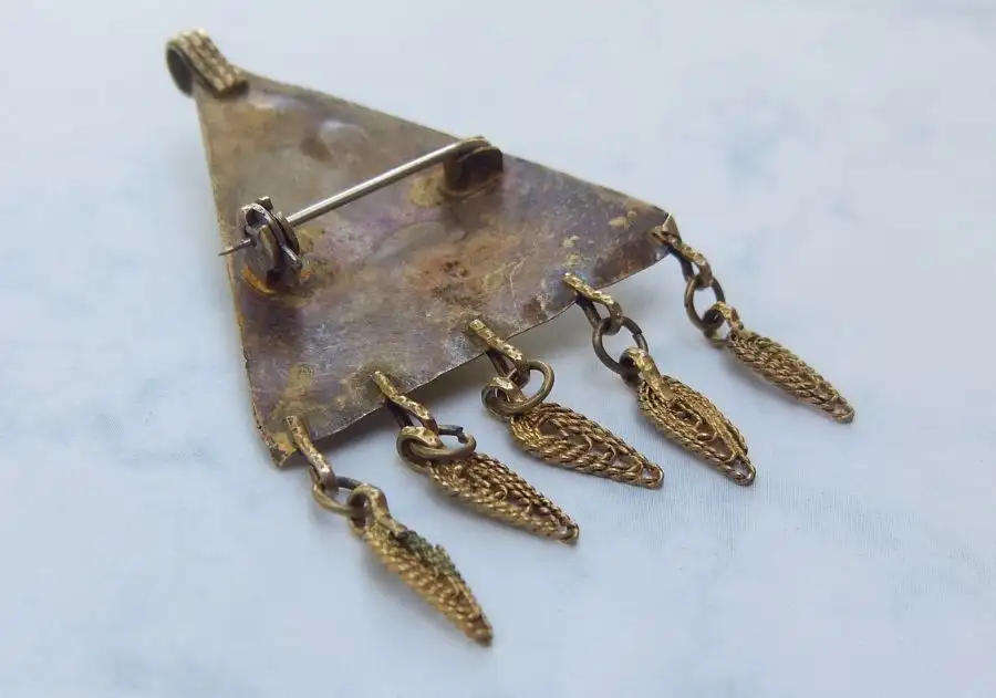 Unusual Gold plated 800 silver brooch with blue beads.  6.7 x 4.4 cm  9.2 grams