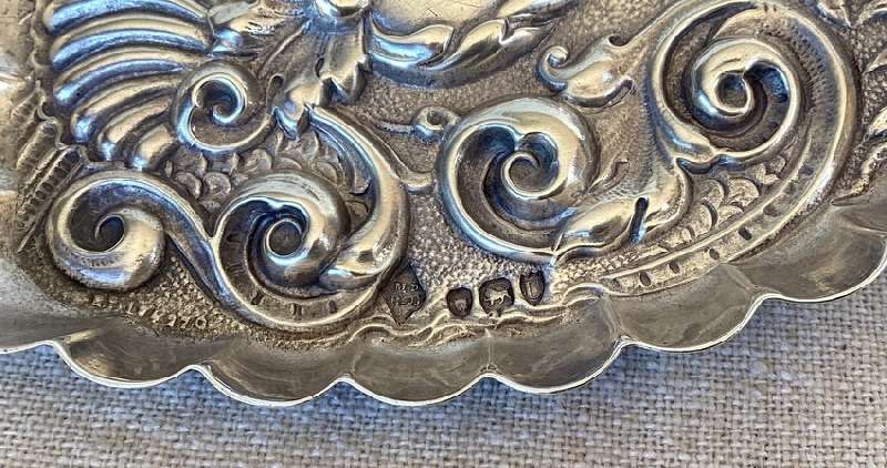 Hallmarked Victorian Sterling Silver Heart Shape Repousse Pin Tray.  London 1895.  10.5cm 48g