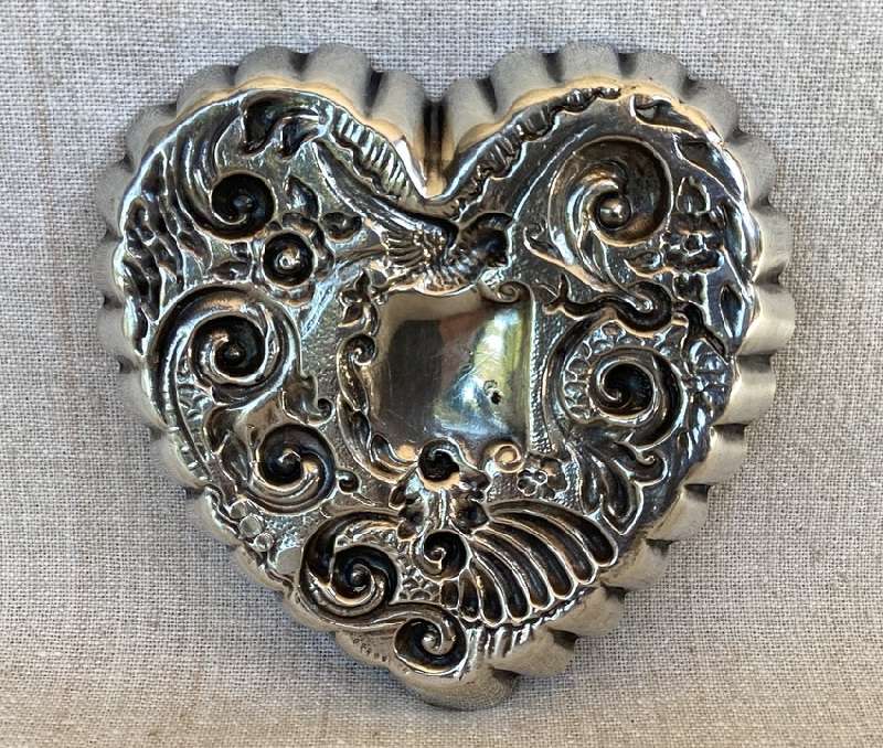 Hallmarked Victorian Sterling Silver Heart Shape Repousse Pin Tray.  London 1895.  10.5cm 48g