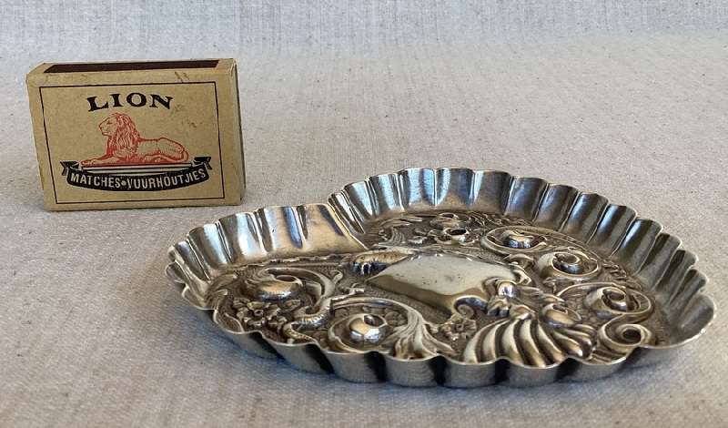 Hallmarked Victorian Sterling Silver Heart Shape Repousse Pin Tray.  London 1895.  10.5cm 48g