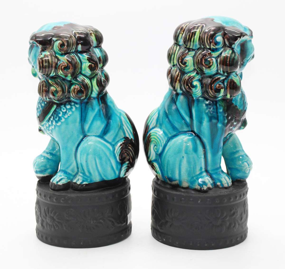 Beautiful near Pair Blue Ceramic Chinese Foo Dogs. 27cm tall