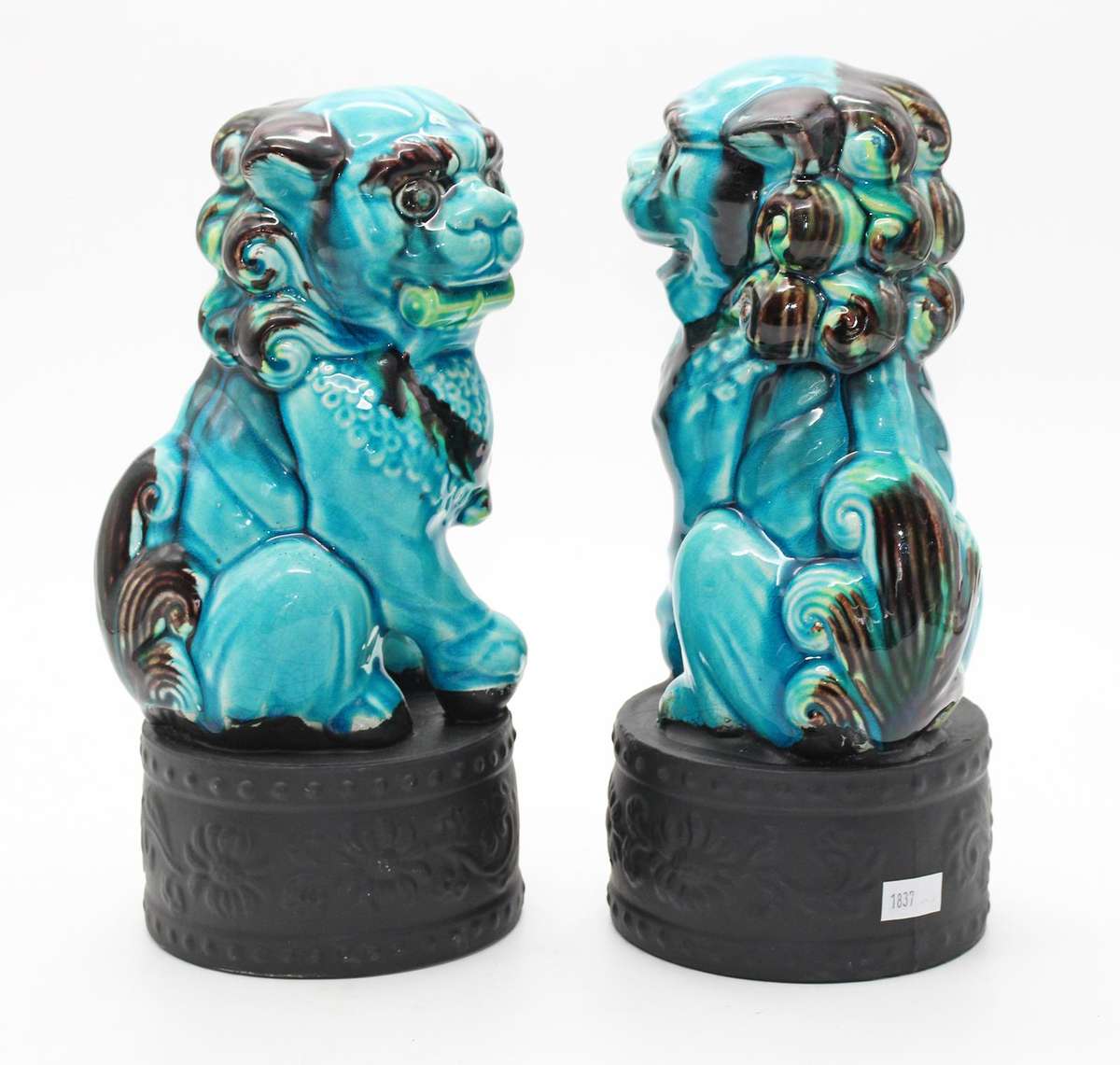 Beautiful near Pair Blue Ceramic Chinese Foo Dogs. 27cm tall