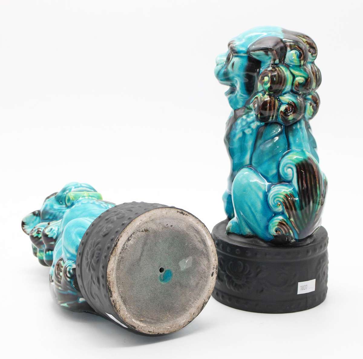 Beautiful near Pair Blue Ceramic Chinese Foo Dogs. 27cm tall