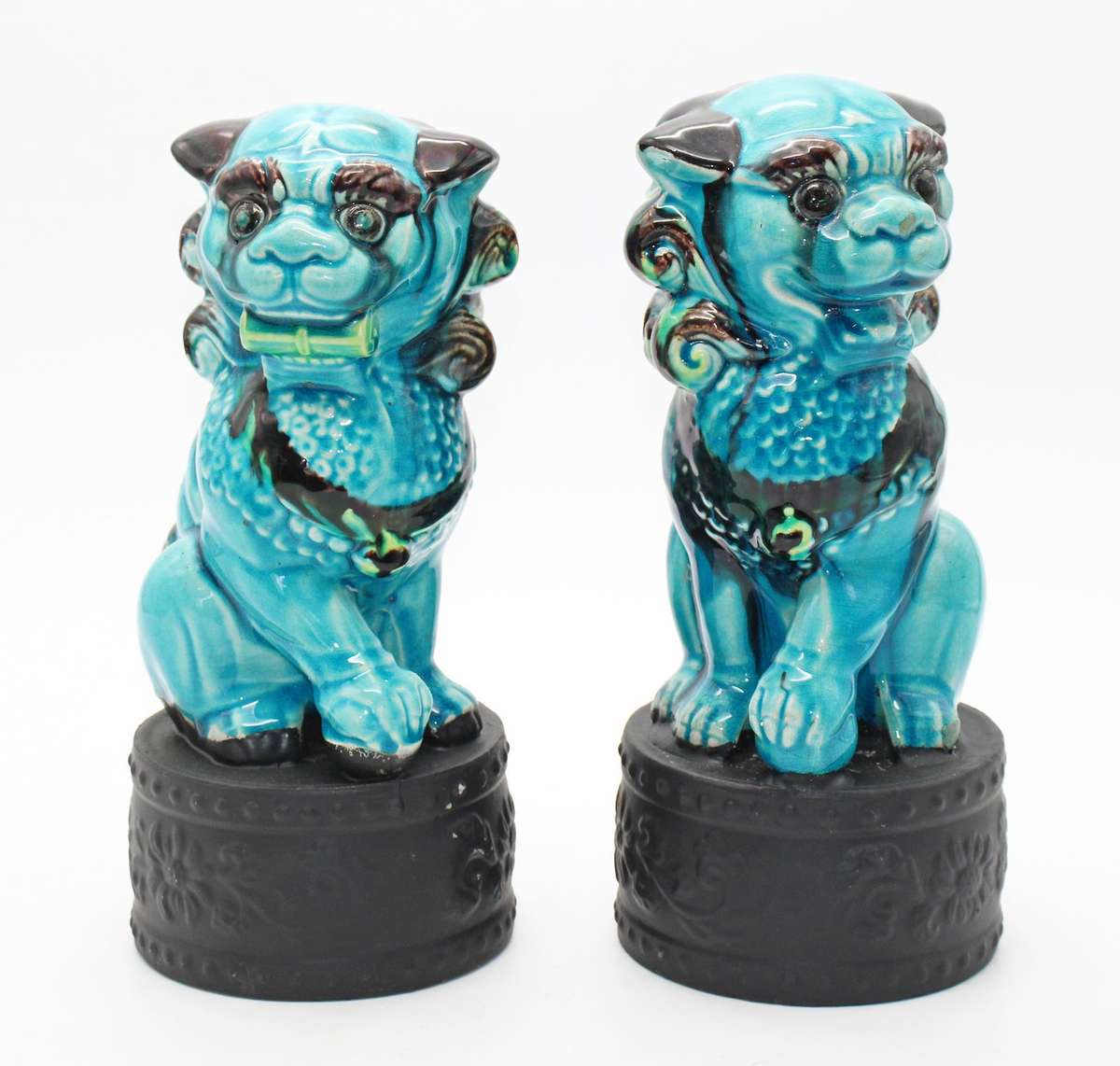 Beautiful near Pair Blue Ceramic Chinese Foo Dogs. 27cm tall