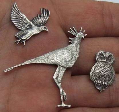 Vintage STERLING SILVER OWL, BLUE CRANE & EAGLE. Flat- to apply to furniture decor etc.