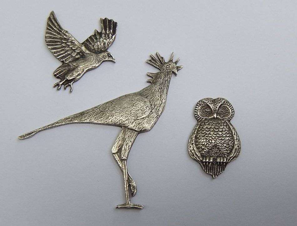 Vintage STERLING SILVER OWL, BLUE CRANE & EAGLE. Flat- to apply to furniture decor etc.