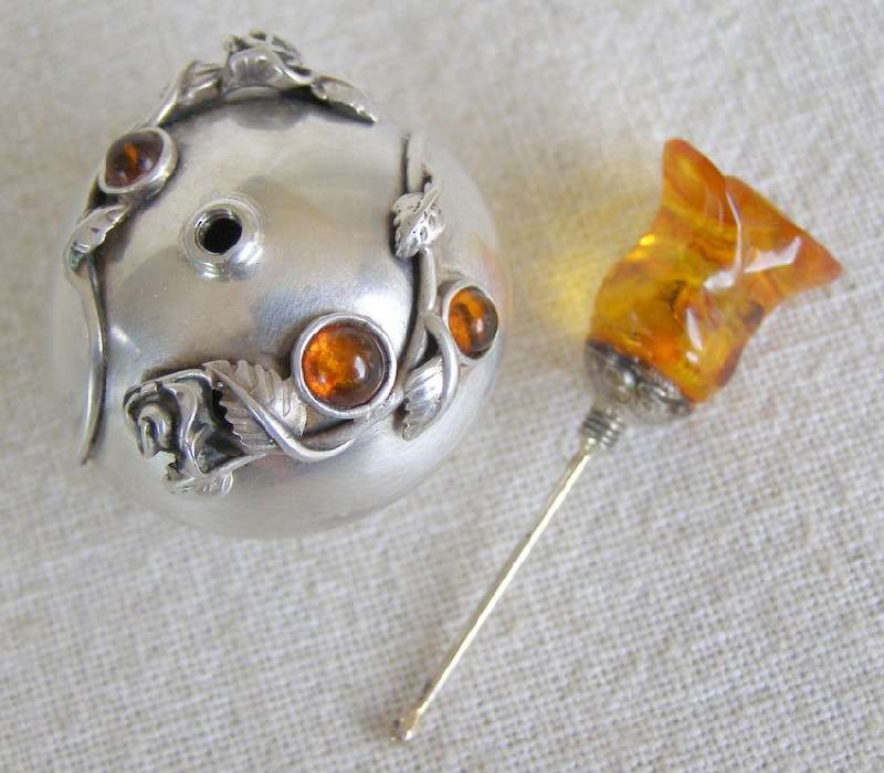 Exquisite Miniature Silver Travelling Perfume bottle. Amber Rose finial & cabochon insets 4.5cm 16g