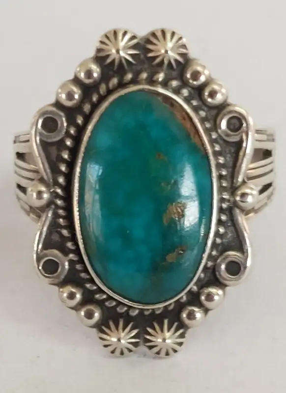 Vintage Navajo Designer Sylvia Chee Natural Turquoise Sterling Silver ring. 5.8g Size: N