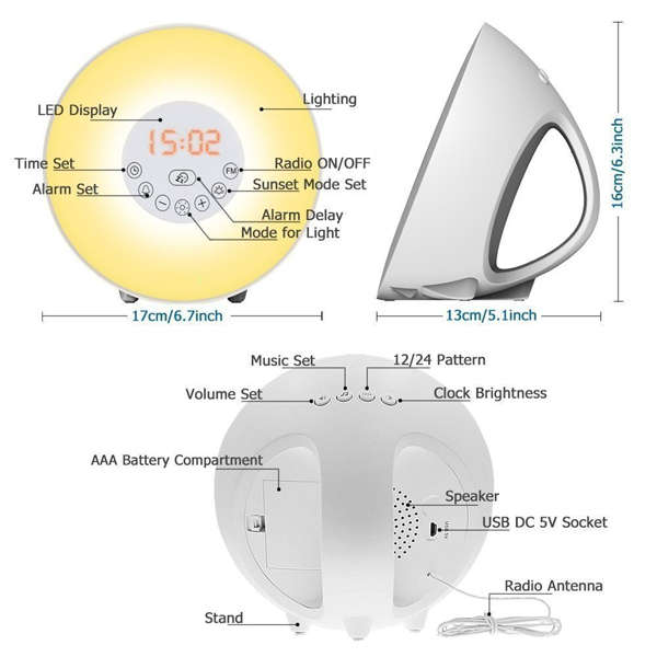 Sunrise Alarm Clock, Digital Clock, Wake Up Light with 6 Nature Sounds, FM Radio and Touch Control (
