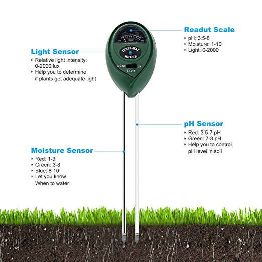 3-in-1 Soil Meter for Moisture, Light and pH / acidity Meter Plant Tester for Gardener or Planter