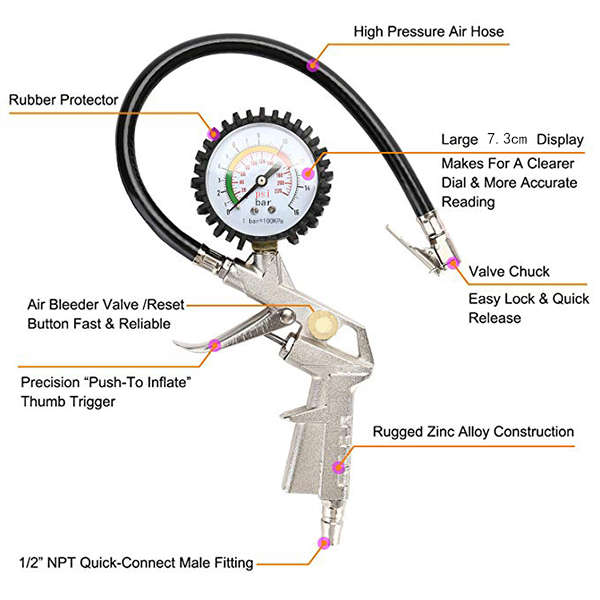 3 in 1 Measure Tire Pressure Gauge with Hose