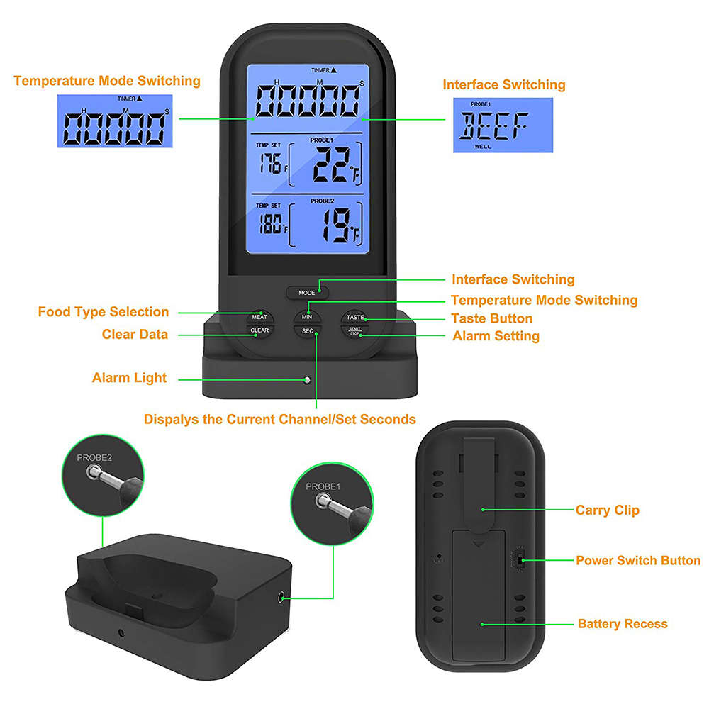 Wireless Digital Cooking Thermometer with Timer - Black