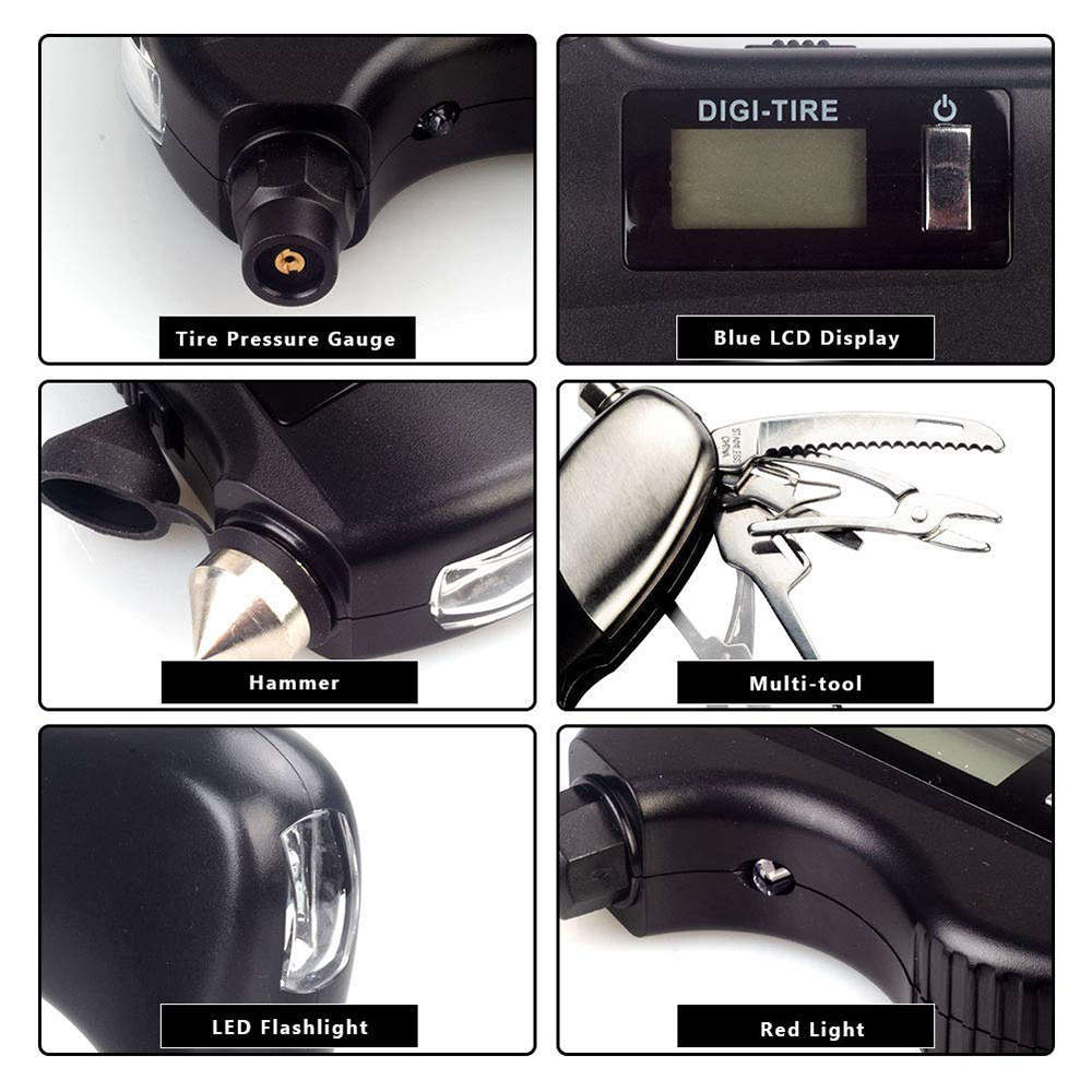9-in-1 Digital Tire Pressure Gauge with Emergency Rescue Tool Kit