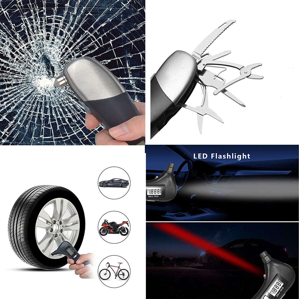9-in-1 Digital Tire Pressure Gauge with Emergency Rescue Tool Kit