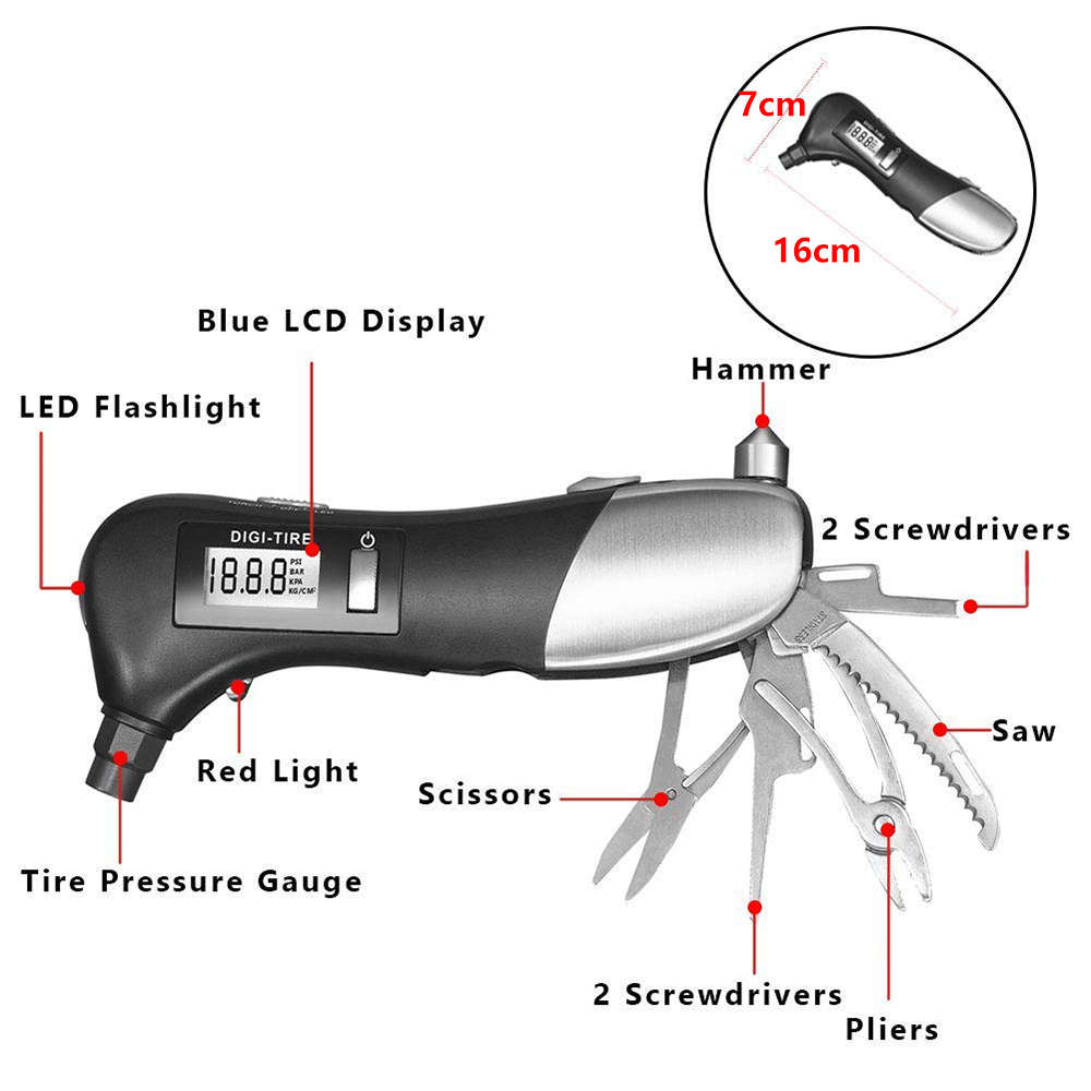 9-in-1 Digital Tire Pressure Gauge with Emergency Rescue Tool Kit